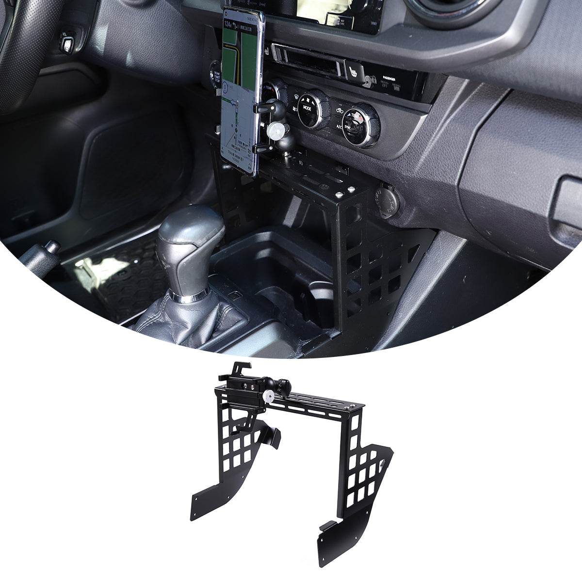 Car Gear Shift Box Storage Molle Panel with Cell Phone Holder Compatible with 3rd Gen Toyota Tacoma 2016-2023