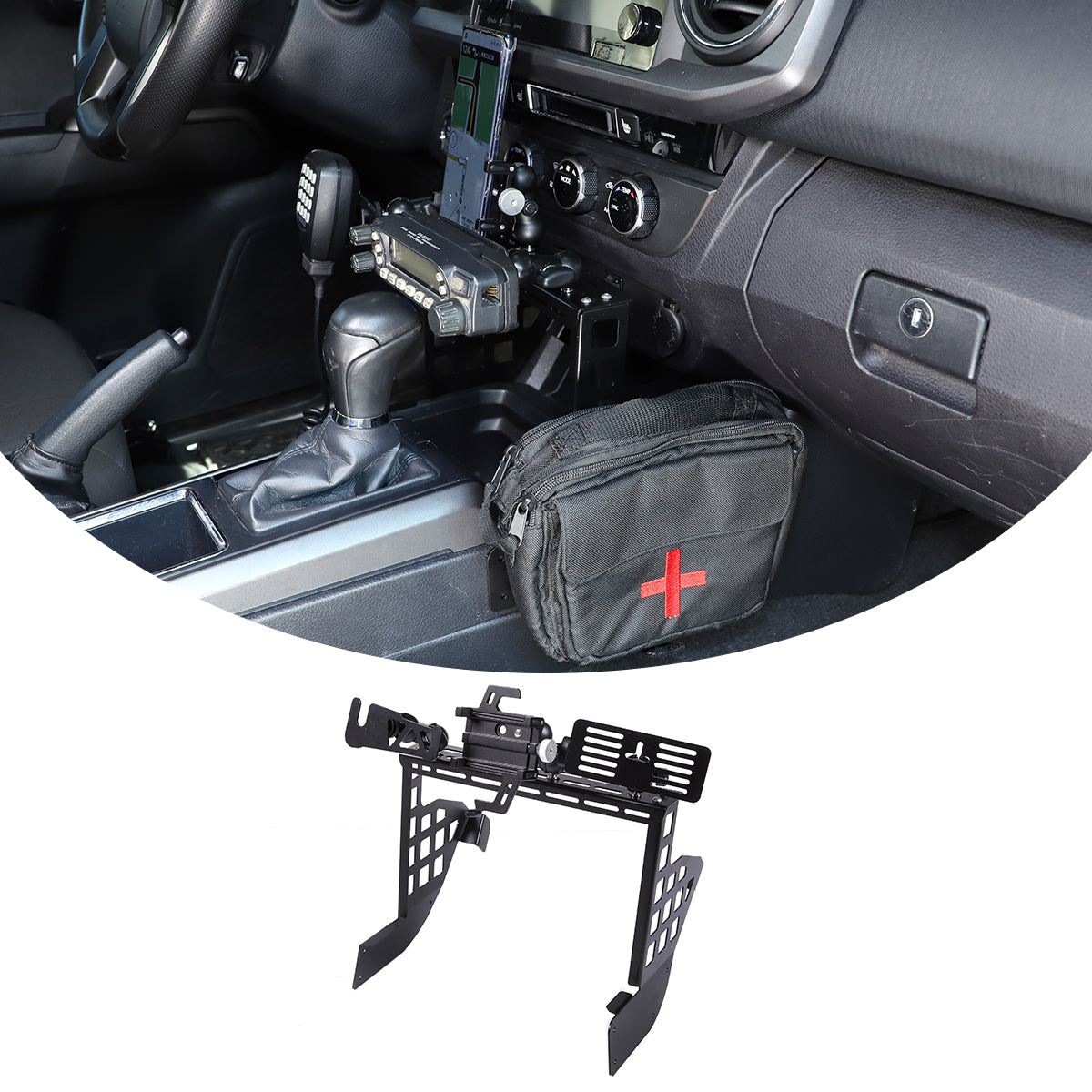 Car Gear Shift Box Storage Molle Panel with Cell Phone Holder Compatible with 3rd Gen Toyota Tacoma 2016-2023