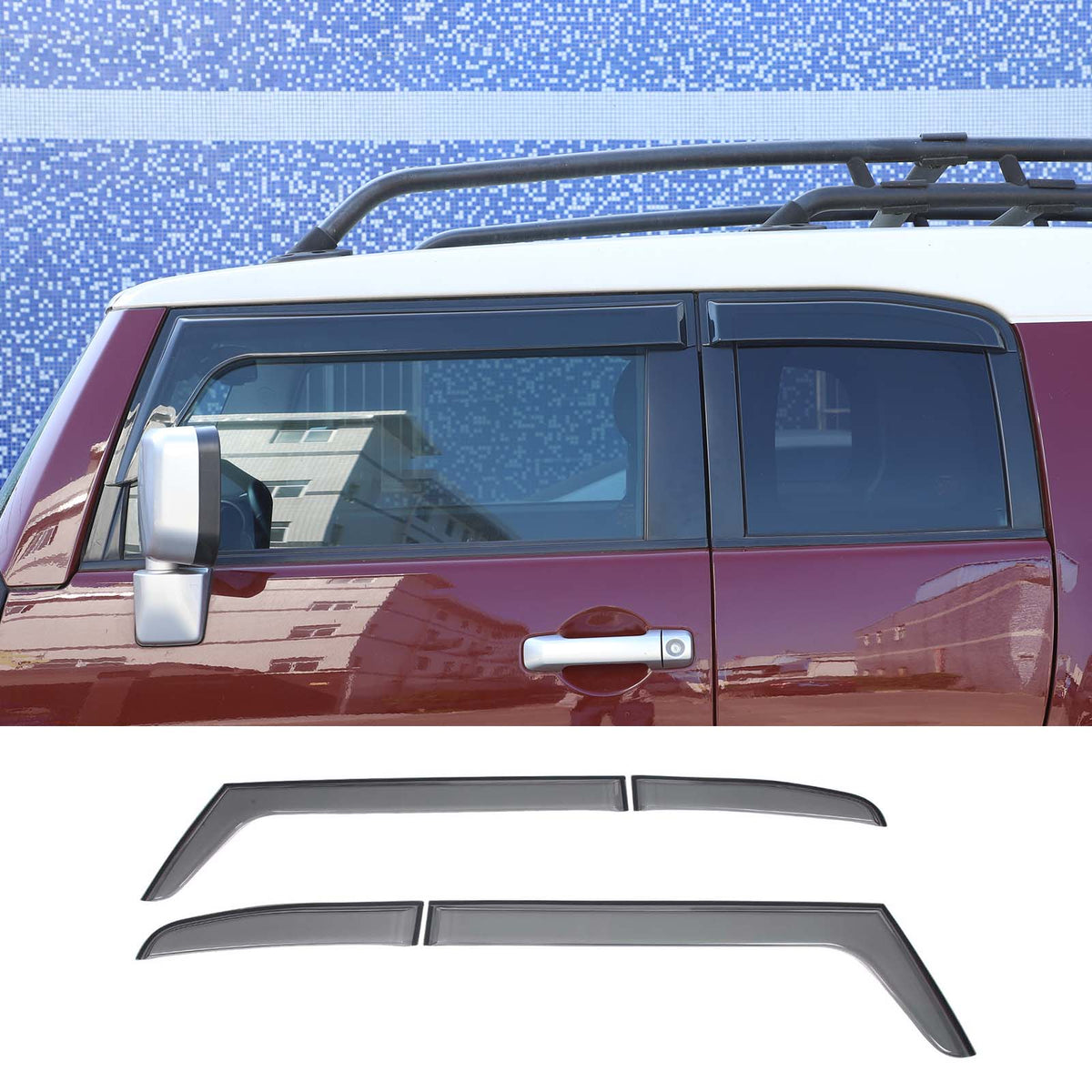 4pcs Original Window Visors Compatible with Toyota FJ Cruiser Extra Durable Tape-on, UV Protection Rain Guard, Dark Smoke, In-Channel Style, Original Vent Wind Deflector
