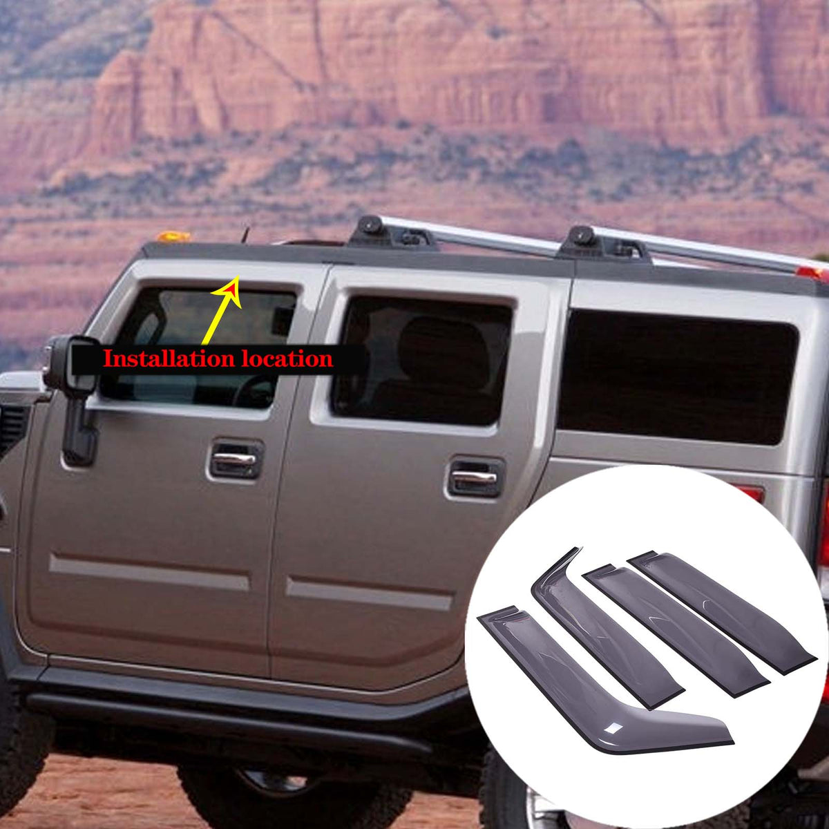 4pcs Original Window Visors Compatible with Hummer H3 Extra Durable Tape-on, UV Protection Rain Guard, Dark Smoke, In-Channel Style, Original Vent Wind Deflector