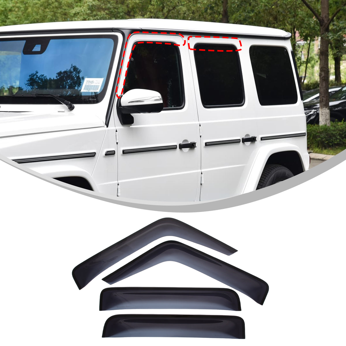 4pcs Original Window Visors Compatible with Mercedes-Benz G-Class 2019-2026 Extra Durable Tape-on, UV Protection Rain Guard, Dark Smoke, In-Channel Style, Original Vent Wind Deflector