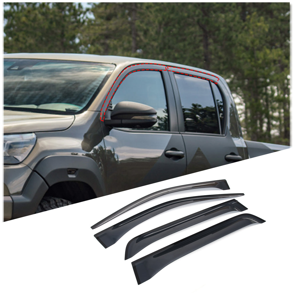 4pcs Original Window Visors Compatible with 2022 Toyota Hilux (4-door)Extra Durable Tape-on, UV Protection Rain Guard, Dark Smoke, In-Channel Style, Original Vent Wind Deflector