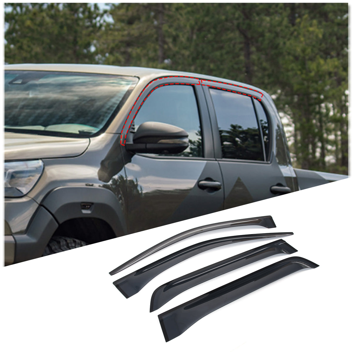 4pcs Original Window Visors Compatible with 2022 Toyota Hilux (4-door)Extra Durable Tape-on, UV Protection Rain Guard, Dark Smoke, In-Channel Style, Original Vent Wind Deflector