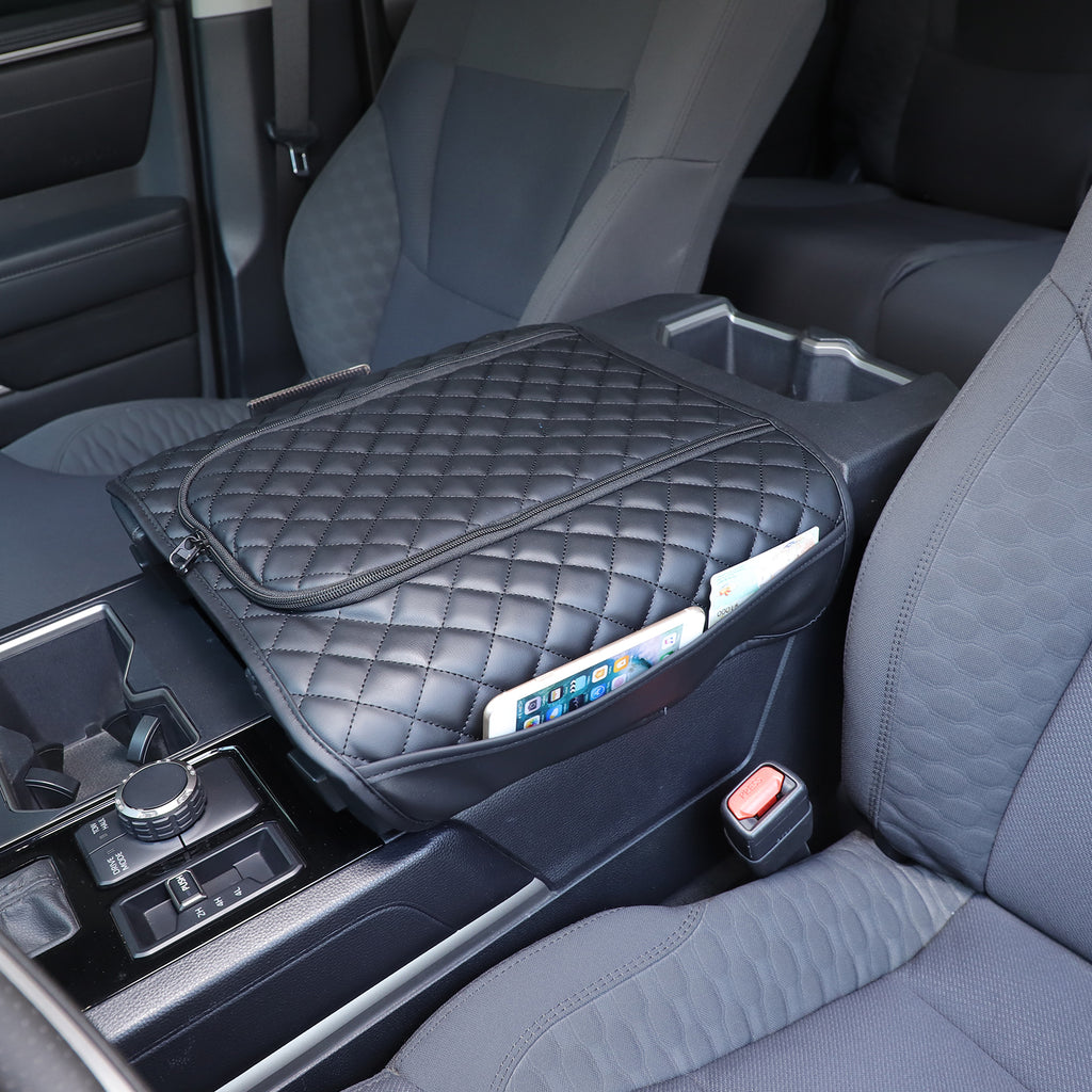 Center Console Armrest Cover Compatible with Toyota Tundra/Sequoia 2022-2026, Leather Middle Arm Rest Seat Box Cover With Pocket/Zipper