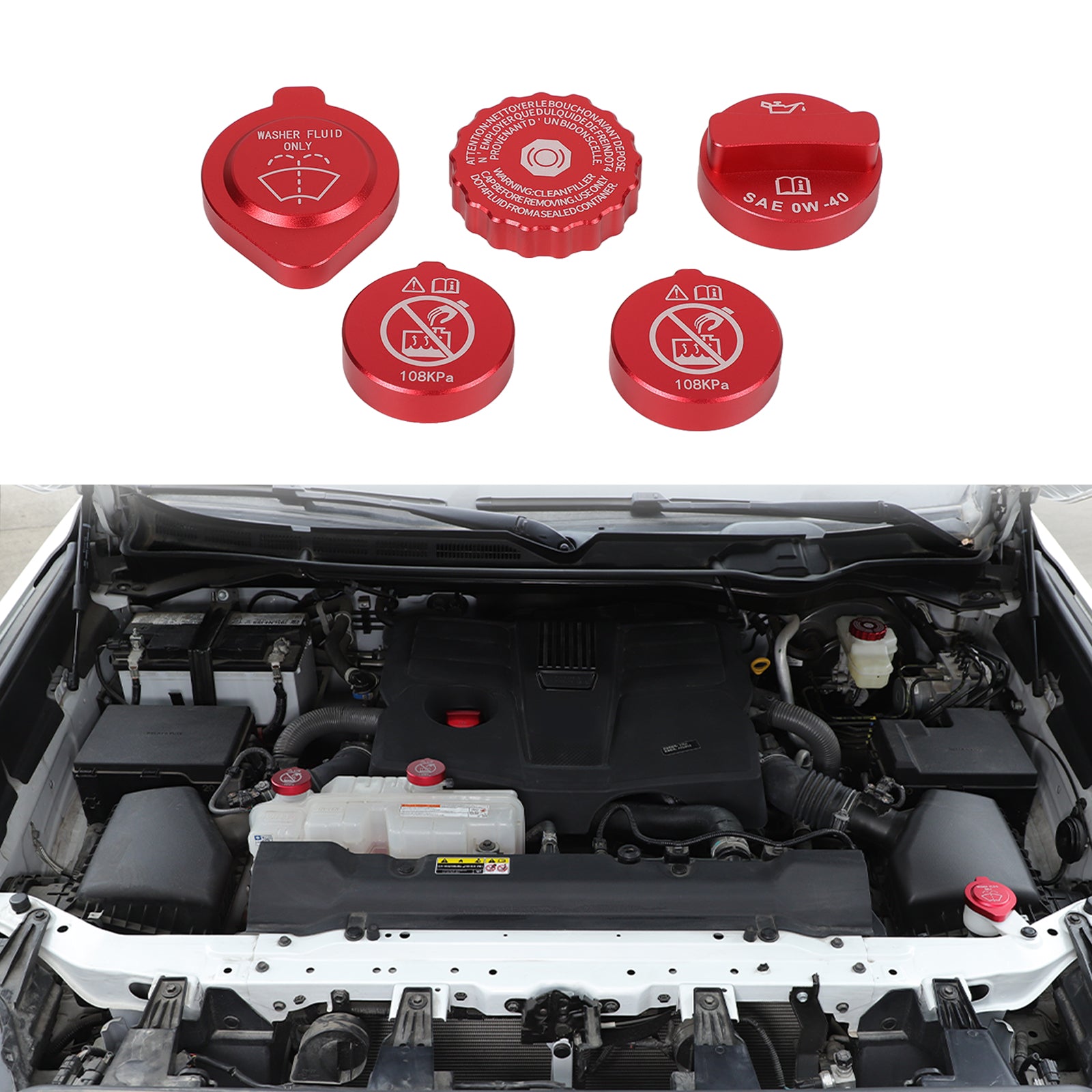 Car Engine Oil Filler Caps Set Compatible with Toyota Tundra 2022-2026 Engine Oil Cap Brake Fluid Cap Wiper Washer Cap Radiator Cap Cover Windshield Wiper Switch Cover Trim Kit Accessories