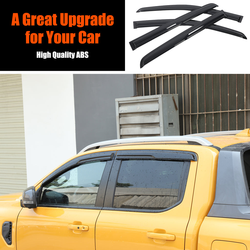 4pcs Original Window Visors Compatible with 2016–2022 Ford Ranger Extra Durable Tape-on, UV Protection Rain Guard, Dark Smoke, In-Channel Style, Original Vent Wind Deflector