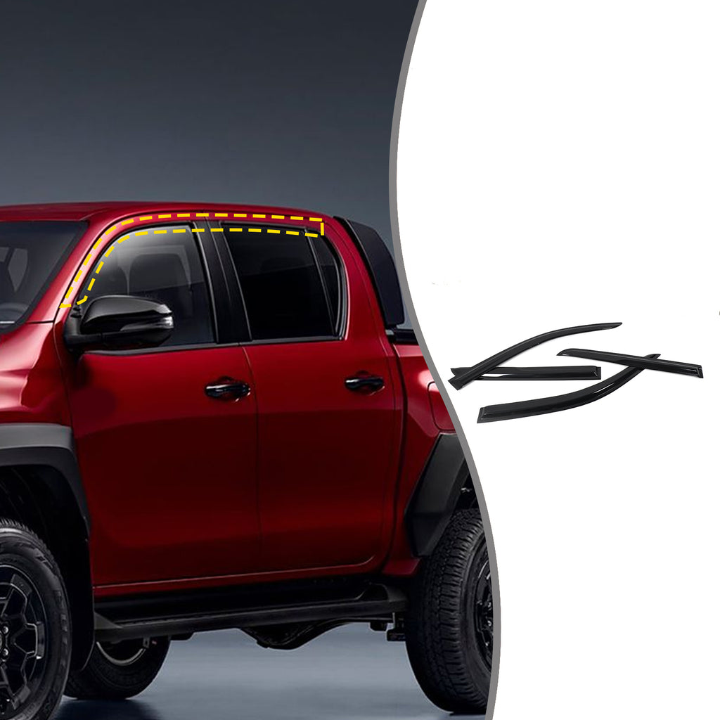 4pcs Original Window Visors Compatible with 2015-2024 Toyota Hilux Extra Durable Tape-on, UV Protection Rain Guard, Dark Smoke, In-Channel Style, Original Vent Wind Deflector(Four-Door Version)
