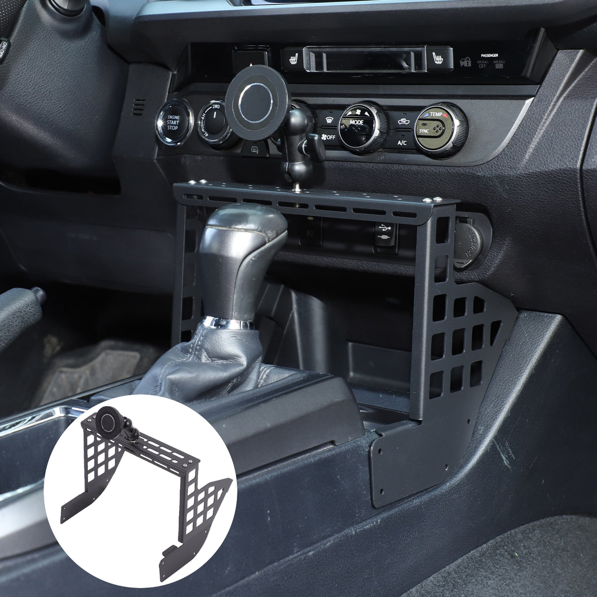 Car Gear Shift Box Storage Molle Panel with Cell Phone Holder Compatible with 3rd Gen Toyota Tacoma 2016-2023