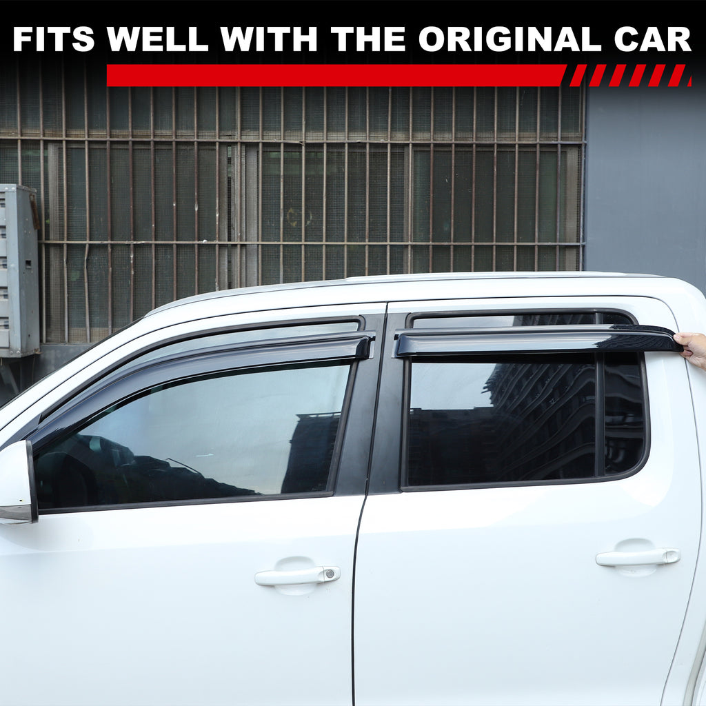 4pcs Original Window Visors Compatible with 11-22 Volkswagen Amarok Extra Durable Tape-on, UV Protection Rain Guard, Dark Smoke, In-Channel Style, Original Vent Wind Deflector